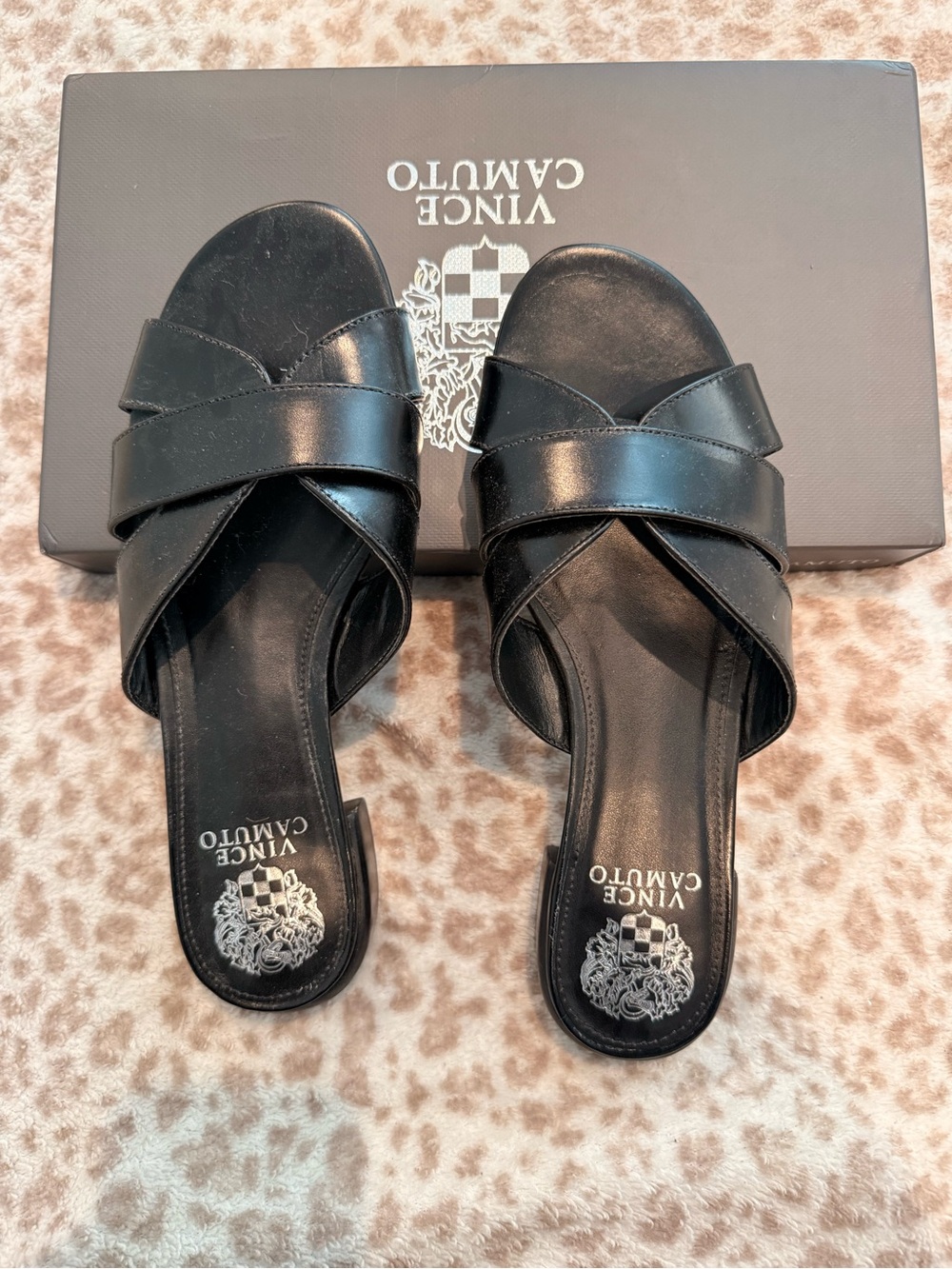Vince Camuto Black Leather Crisscross Slide Mules